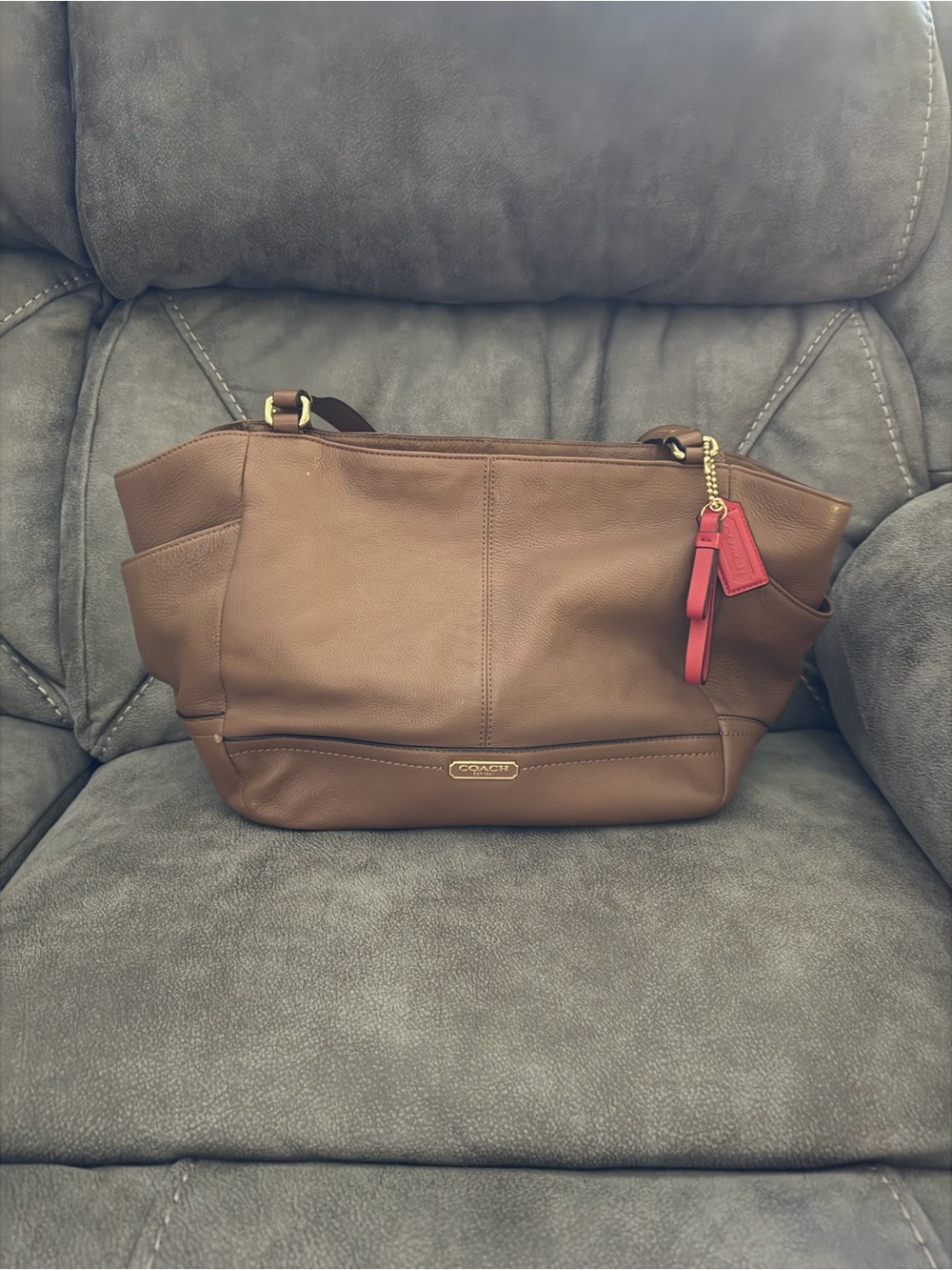 Coach Brown Leather Shoulder Tote with Red Charm